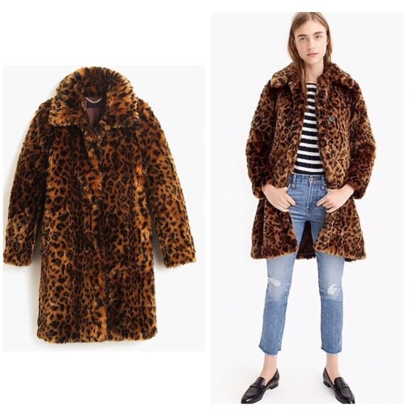 JCrew Faux Fur Leopard Coat Womens XS Brown Animal Print Mob Wife Y2K Evening - Picture 3 of 16